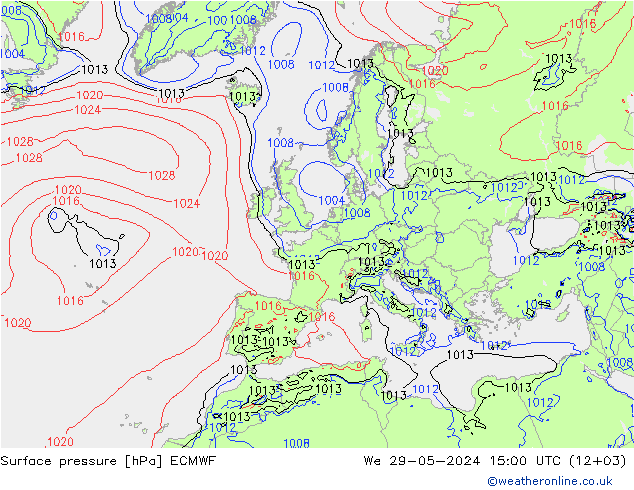 Surface pressure ECMWF We 29.05.2024 15 UTC