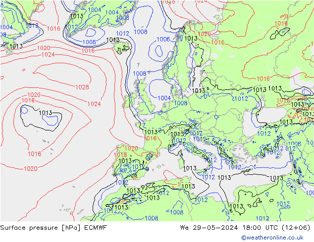 Presión superficial ECMWF mié 29.05.2024 18 UTC