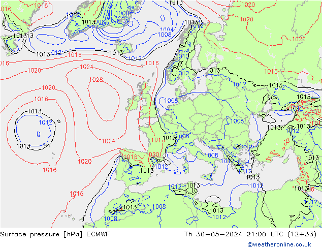 Bodendruck ECMWF Do 30.05.2024 21 UTC