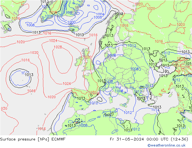 Presión superficial ECMWF vie 31.05.2024 00 UTC