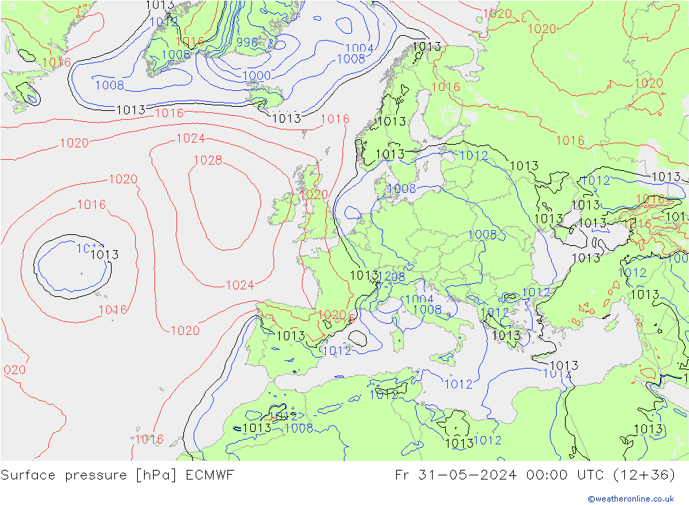 Presión superficial ECMWF vie 31.05.2024 00 UTC