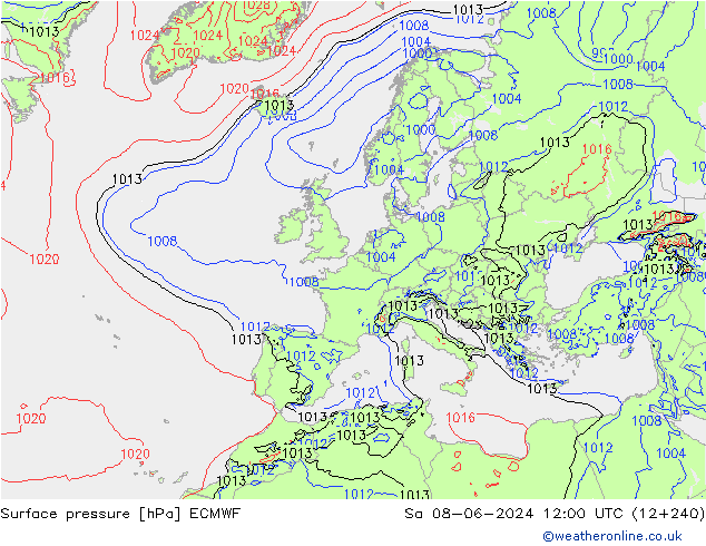 Bodendruck ECMWF Sa 08.06.2024 12 UTC