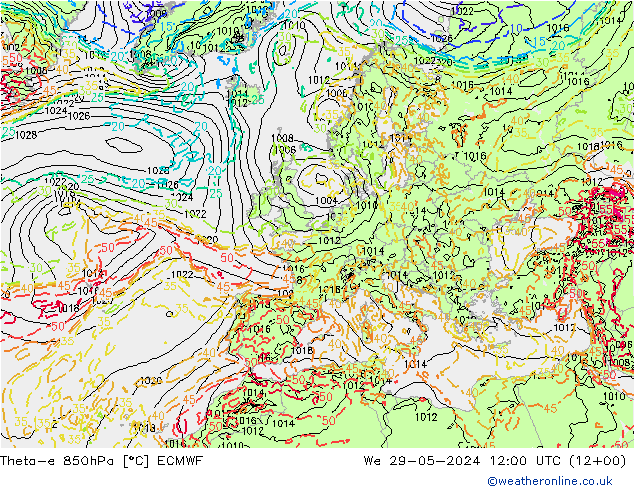 Theta-e 850hPa ECMWF We 29.05.2024 12 UTC