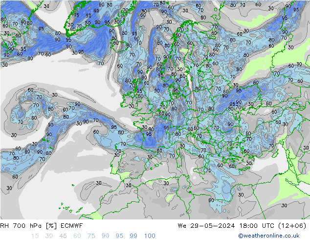 RH 700 hPa ECMWF We 29.05.2024 18 UTC