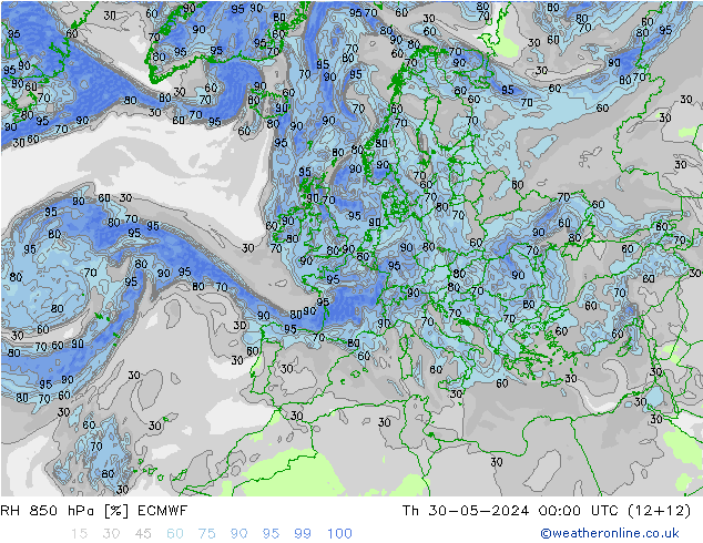 RH 850 hPa ECMWF Th 30.05.2024 00 UTC