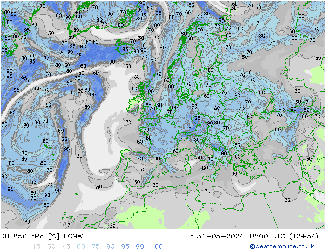 RH 850 гПа ECMWF пт 31.05.2024 18 UTC