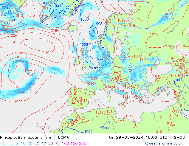 Precipitation accum. ECMWF mer 29.05.2024 18 UTC