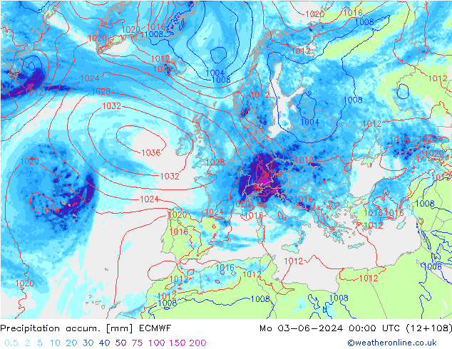 Precipitation accum. ECMWF Mo 03.06.2024 00 UTC