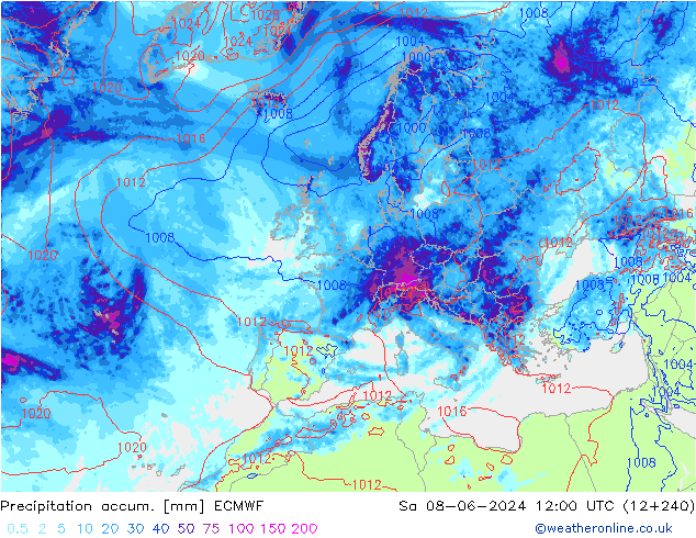 Precipitation accum. ECMWF сб 08.06.2024 12 UTC