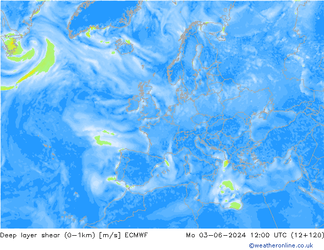 Deep layer shear (0-1km) ECMWF  03.06.2024 12 UTC