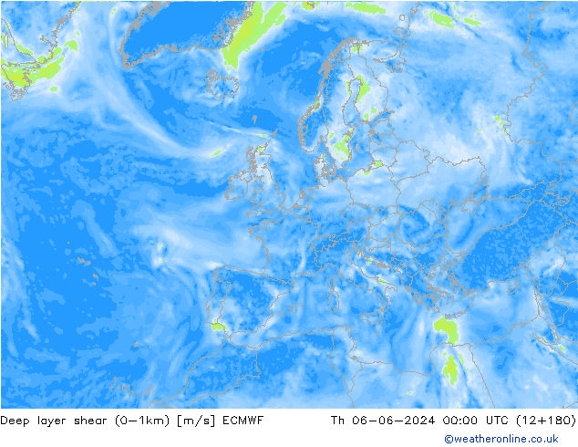 Deep layer shear (0-1km) ECMWF jue 06.06.2024 00 UTC