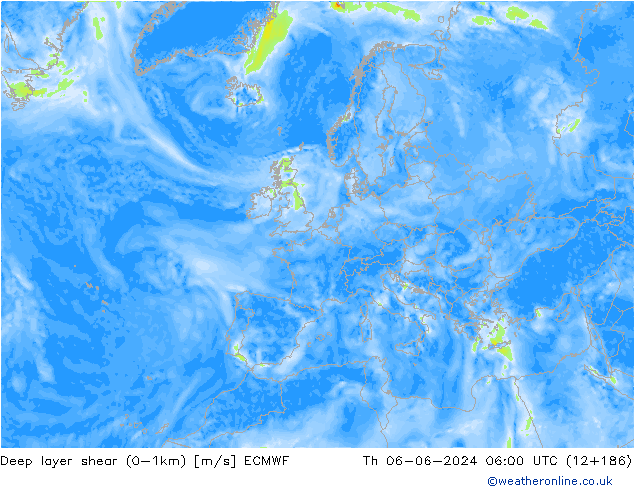 Deep layer shear (0-1km) ECMWF do 06.06.2024 06 UTC