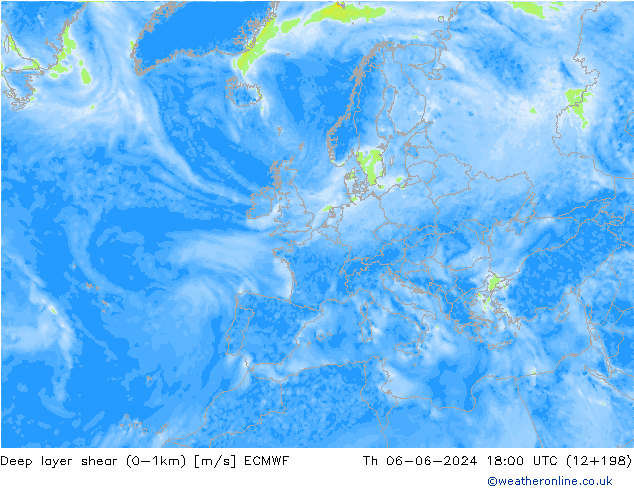 Deep layer shear (0-1km) ECMWF Th 06.06.2024 18 UTC