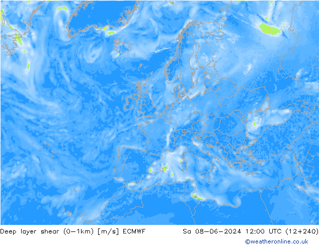 Deep layer shear (0-1km) ECMWF So 08.06.2024 12 UTC