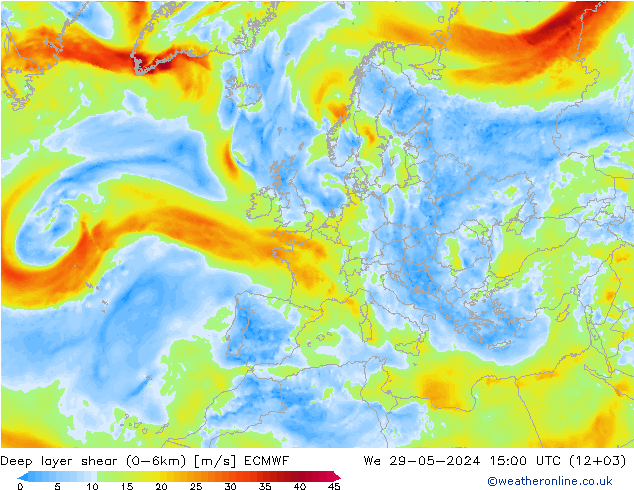 Deep layer shear (0-6km) ECMWF Çar 29.05.2024 15 UTC