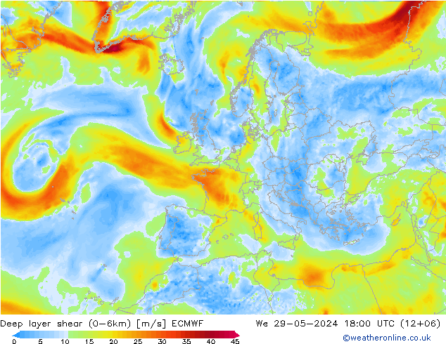 Deep layer shear (0-6km) ECMWF ср 29.05.2024 18 UTC