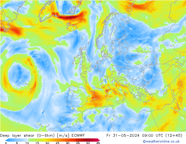 Deep layer shear (0-6km) ECMWF Fr 31.05.2024 09 UTC