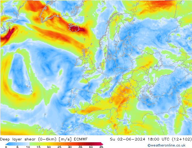 Deep layer shear (0-6km) ECMWF So 02.06.2024 18 UTC