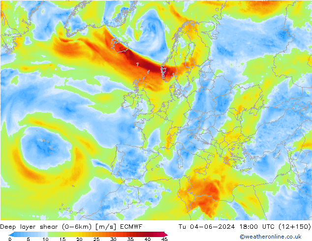 Deep layer shear (0-6km) ECMWF Tu 04.06.2024 18 UTC