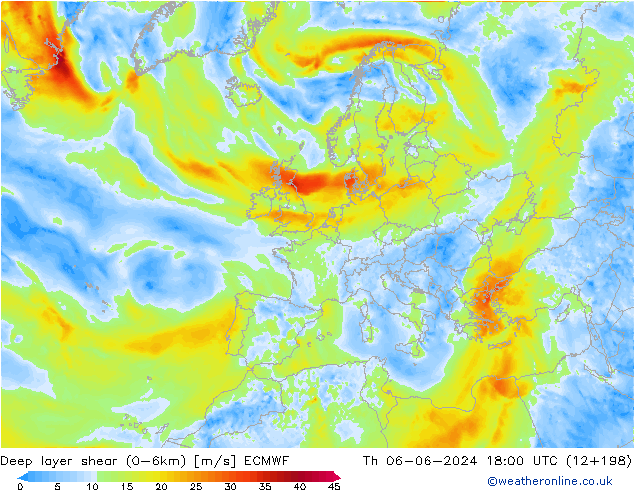 Deep layer shear (0-6km) ECMWF Do 06.06.2024 18 UTC