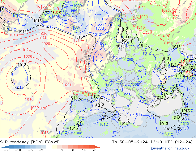 SLP tendency ECMWF Qui 30.05.2024 12 UTC