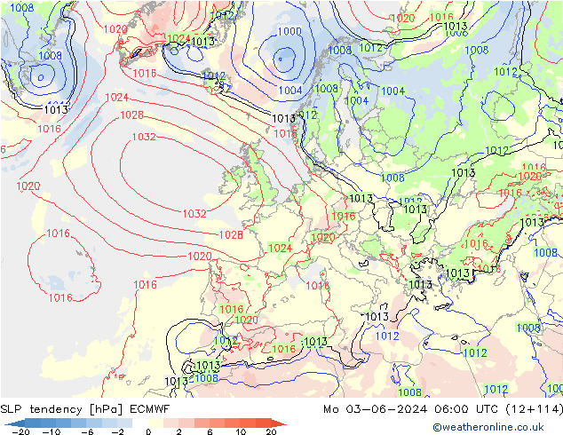 Drucktendenz ECMWF Mo 03.06.2024 06 UTC