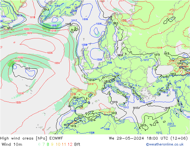 High wind areas ECMWF We 29.05.2024 18 UTC