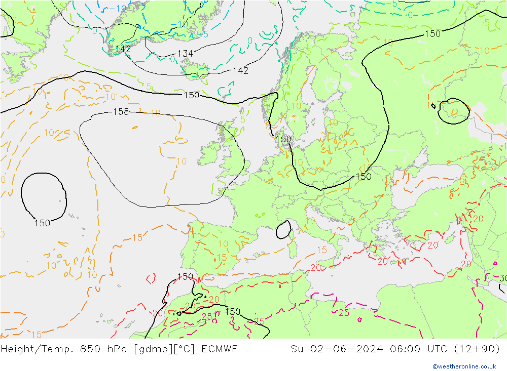 Height/Temp. 850 hPa ECMWF Su 02.06.2024 06 UTC