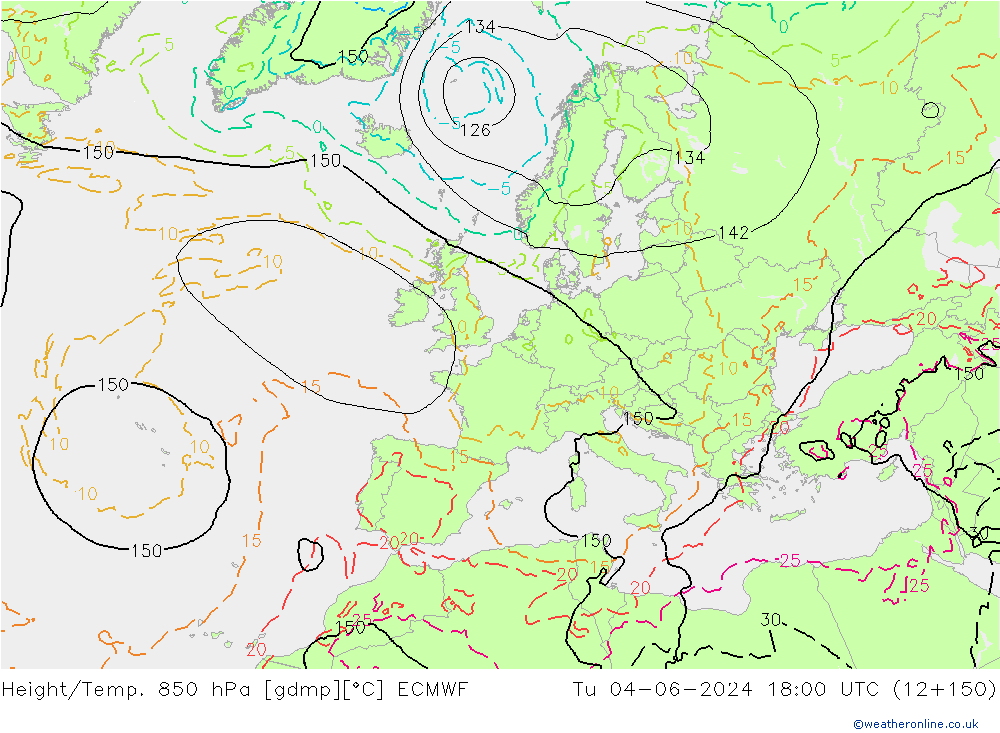 Height/Temp. 850 гПа ECMWF вт 04.06.2024 18 UTC