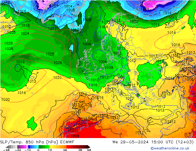 SLP/Temp. 850 гПа ECMWF ср 29.05.2024 15 UTC