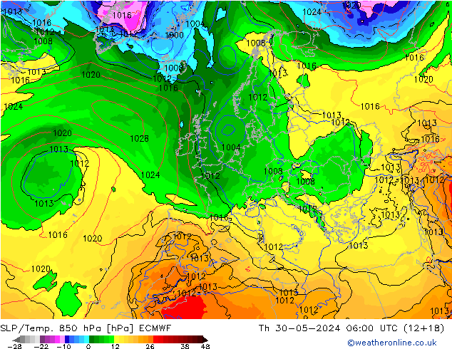 SLP/Temp. 850 hPa ECMWF czw. 30.05.2024 06 UTC