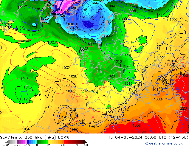 SLP/Temp. 850 hPa ECMWF Tu 04.06.2024 06 UTC