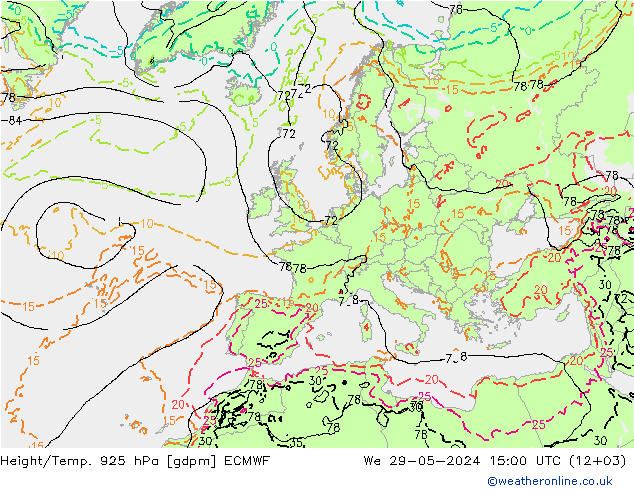 Height/Temp. 925 hPa ECMWF We 29.05.2024 15 UTC