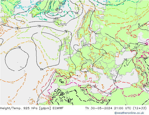 Height/Temp. 925 гПа ECMWF чт 30.05.2024 21 UTC