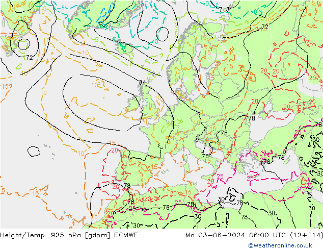 Height/Temp. 925 hPa ECMWF Mo 03.06.2024 06 UTC
