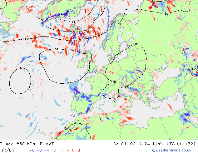 T-Adv. 850 hPa ECMWF Sa 01.06.2024 12 UTC