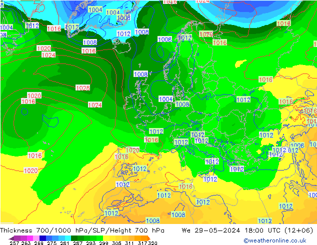 Thck 700-1000 гПа ECMWF ср 29.05.2024 18 UTC