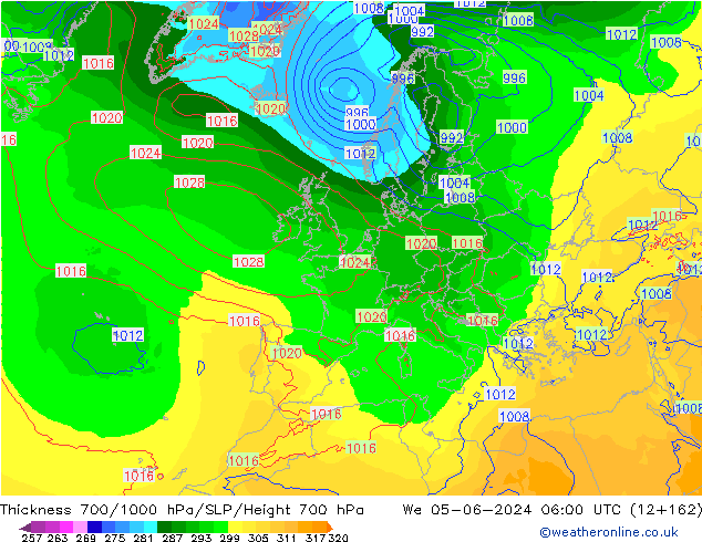 Thck 700-1000 hPa ECMWF śro. 05.06.2024 06 UTC