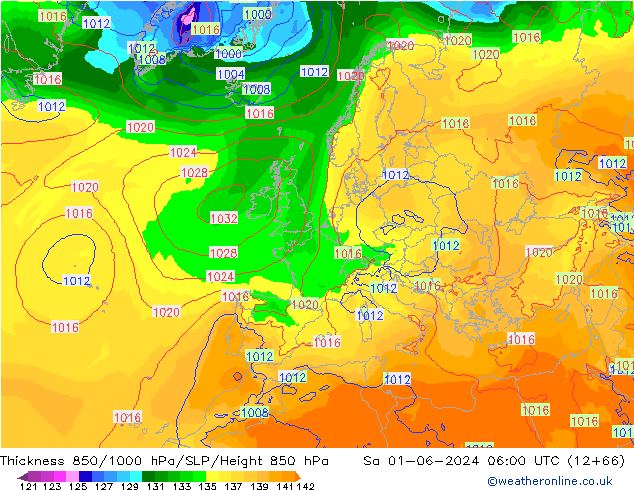 Thck 850-1000 гПа ECMWF сб 01.06.2024 06 UTC