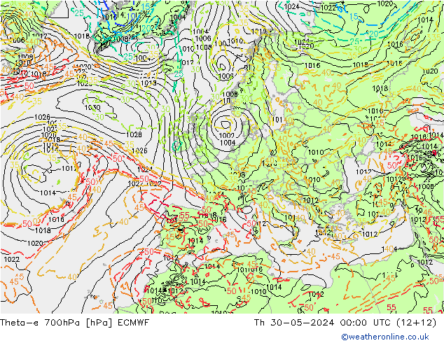 Theta-e 700hPa ECMWF Th 30.05.2024 00 UTC