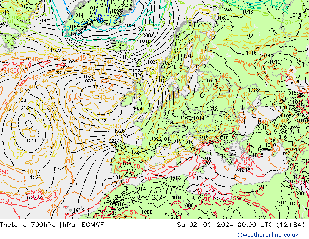 Theta-e 700hPa ECMWF Dom 02.06.2024 00 UTC