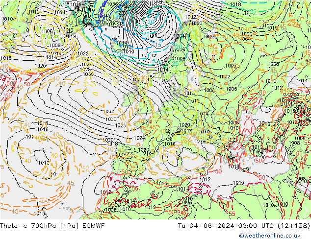 Theta-e 700hPa ECMWF Tu 04.06.2024 06 UTC