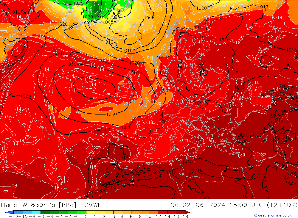 Theta-W 850hPa ECMWF Su 02.06.2024 18 UTC