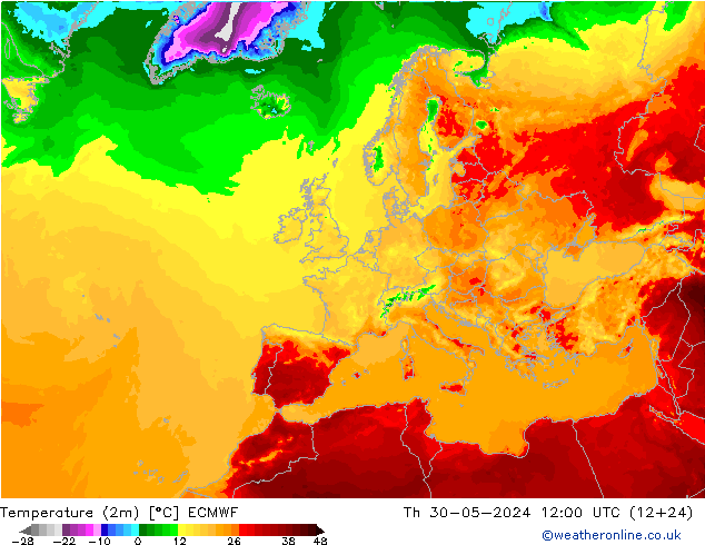 Temperatura (2m) ECMWF jue 30.05.2024 12 UTC