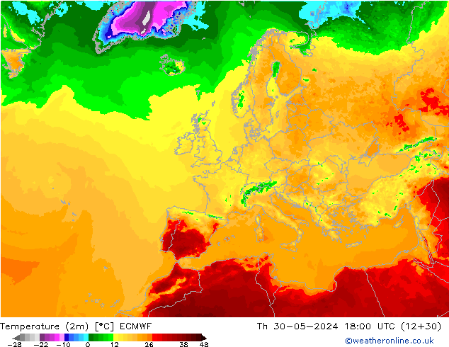 Temperature (2m) ECMWF Th 30.05.2024 18 UTC