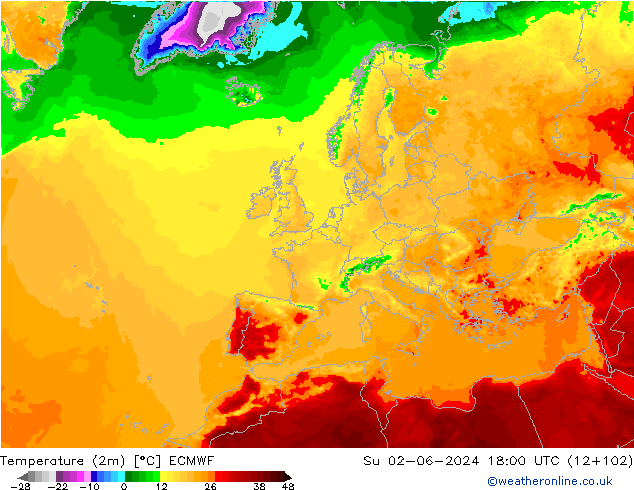 Temperatura (2m) ECMWF dom 02.06.2024 18 UTC