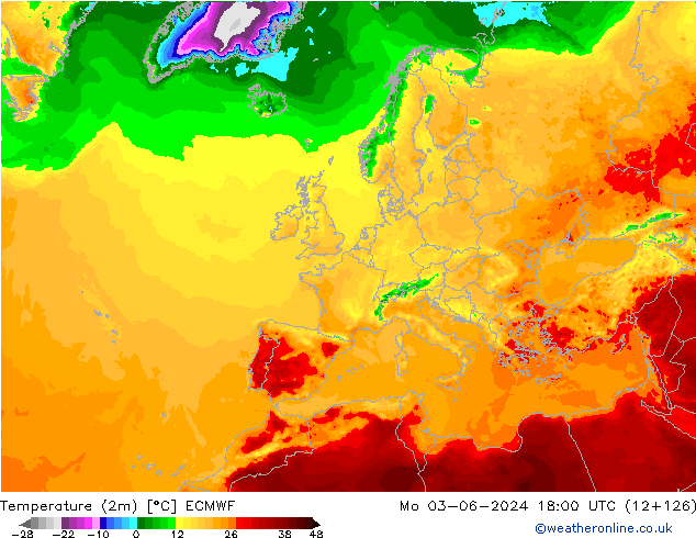 Temperature (2m) ECMWF Po 03.06.2024 18 UTC