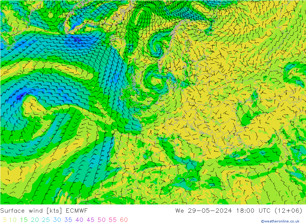 Surface wind ECMWF We 29.05.2024 18 UTC