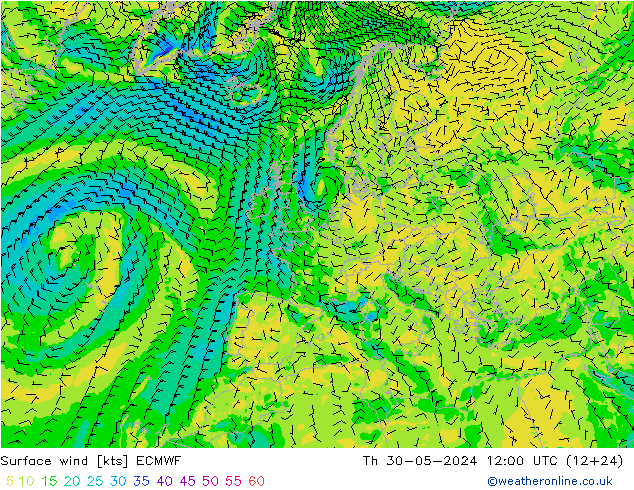 wiatr 10 m ECMWF czw. 30.05.2024 12 UTC