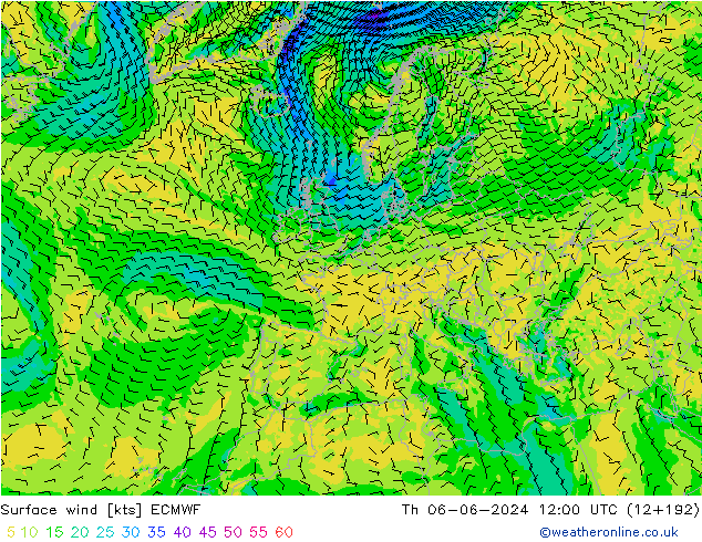 Vento 10 m ECMWF gio 06.06.2024 12 UTC